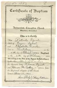Patrick Lynch, Certificate of Baptism