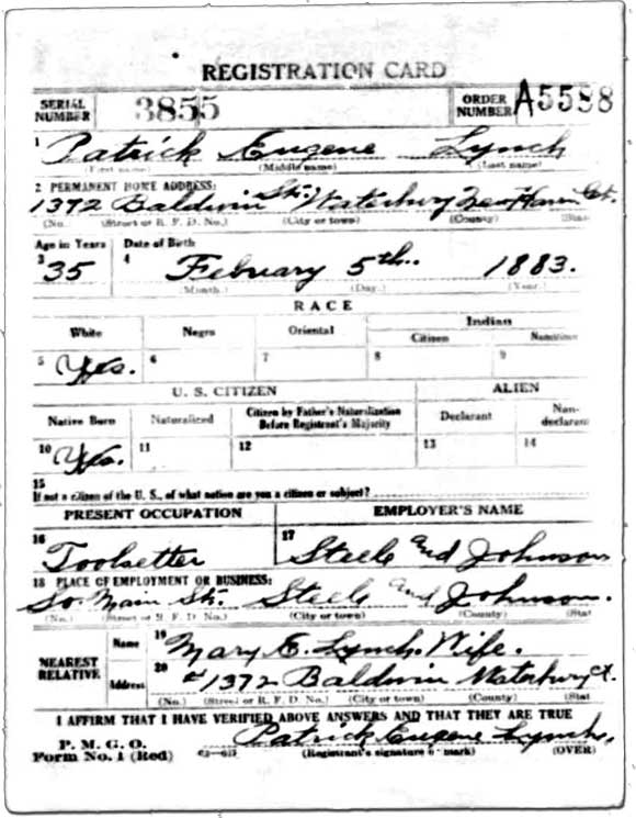 Patrick Eugene Lynch, WWI Draft Registration Card
