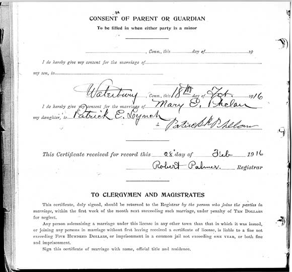 Patrick Lynch Marriage Certificate - Back